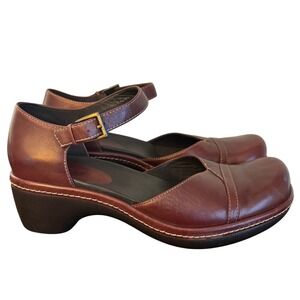 ECCO | Womens 37 | Burgundy Leather Mary Jane Ankle Strap Block Heel Clog Shoes